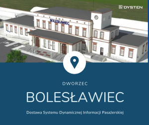 Dworzec PKP Bolesławiec z tablicami informacji pasażerskiej dla kolei DYSTEN